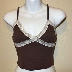 Garage Brown and Cream Lace Trim Crop Top
